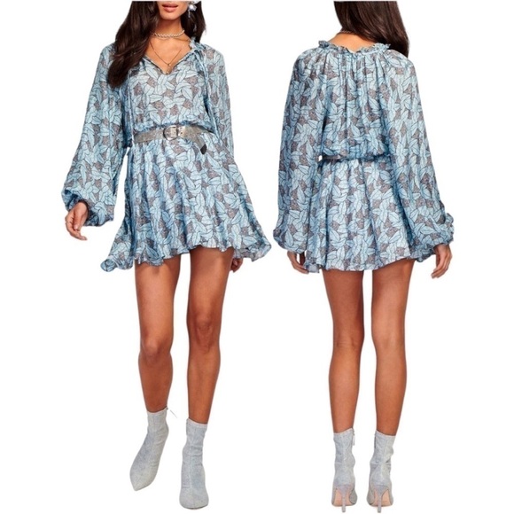 RAMY BROOK Tatum Leaf Floral Print Long Sleeve Pleated Ruffle Mini Dress Medium - Picture 1 of 11